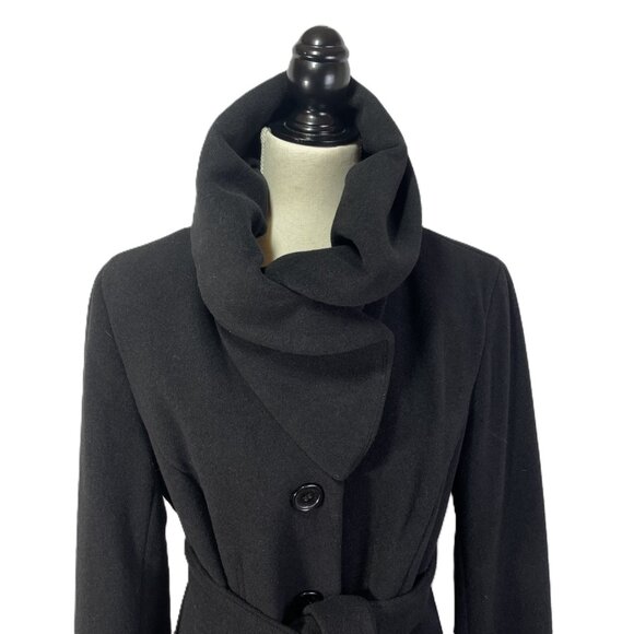 Calvin Klein Wool Blend Belted Tailored Black Coat Collared Knee Length Size 12 - Picture 5 of 16